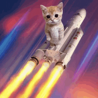 a cat is sitting on top of a rocket flying through the air