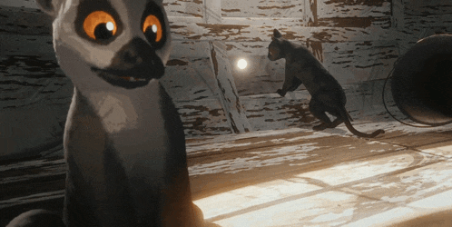 a cartoon lemur and a black cat are standing in a room