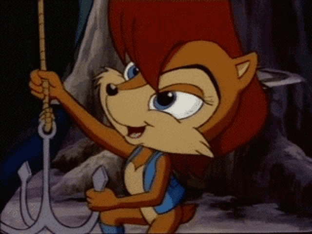 a cartoon character is holding a fishing hook