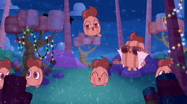 a bunch of cartoon characters are sitting in a forest