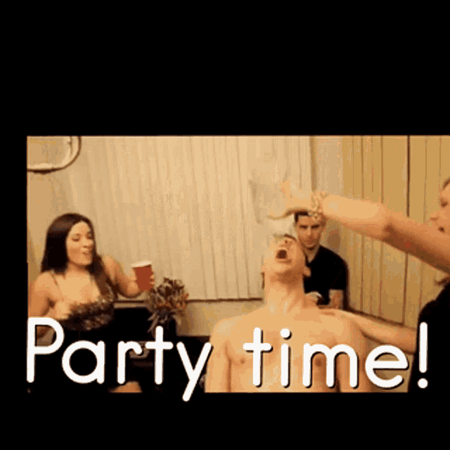 a group of people are having a party and the word party time is on the bottom