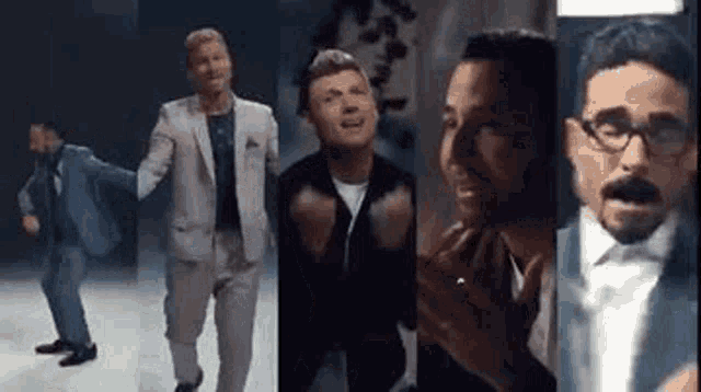 a group of men are standing next to each other on a stage in a collage of images .