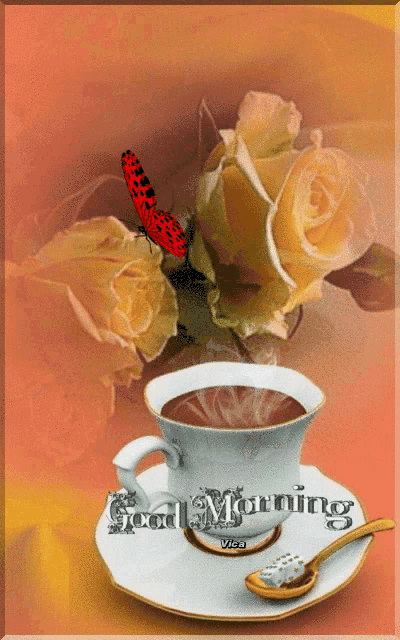 a cup of coffee on a saucer with the words good morning on the bottom