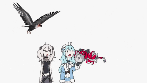 a drawing of three anime girls standing next to each other and a bird flying in the sky .