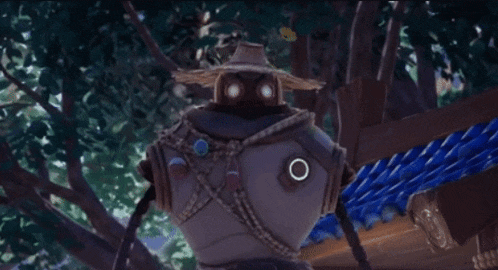 a cartoon character wearing a hat with a circle in the middle of it