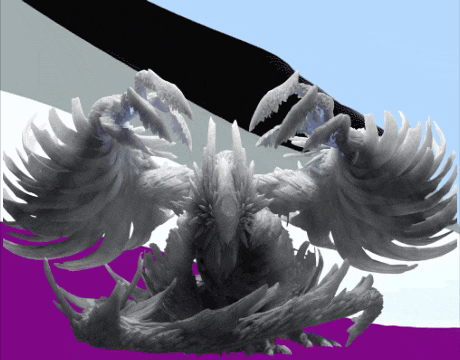 a statue of a bird is on a purple background