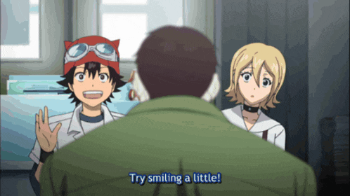 a man in a green jacket says try smiling a little in front of two anime characters