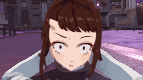 a close up of a anime girl 's face with a purple background