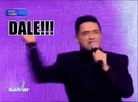 a man is singing into a microphone in front of a purple background and the word dale is on the screen .
