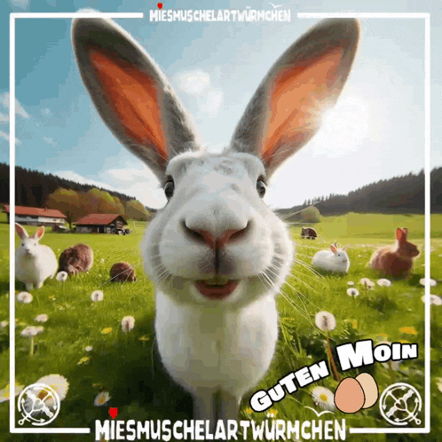 a bunch of rabbits are standing in a field with the words guten moin written on the bottom