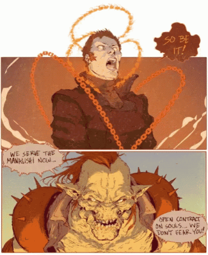 a comic book page shows a man and a monster and says we serve the manrishi now