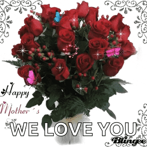 a bouquet of red roses with the words we love you