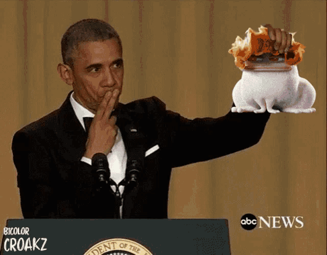 barack obama holds a frog in front of a podium with abc news written on it