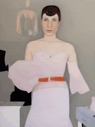 a painting of a woman wearing a white dress with an orange belt