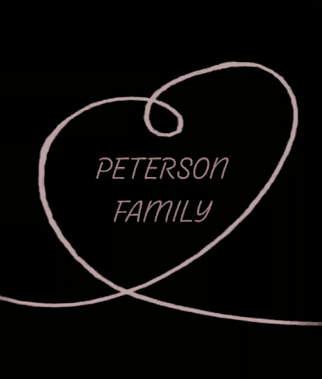peterson family is written on a black background with a pink swirl