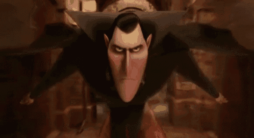 a cartoon vampire is flying through the air with his arms outstretched in a dark room .
