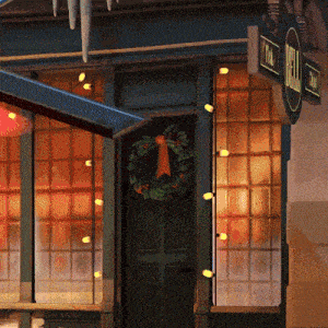 a wreath hangs on the door of a store that is open
