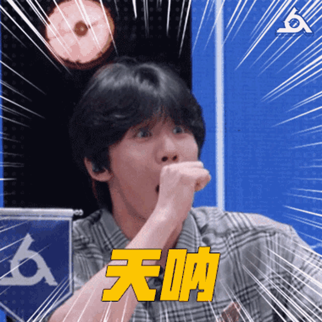 a man in a plaid shirt with chinese writing on his shirt