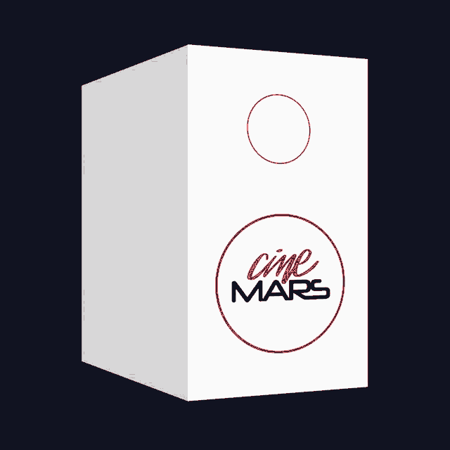 a white box with a red and black circle that says cine mars