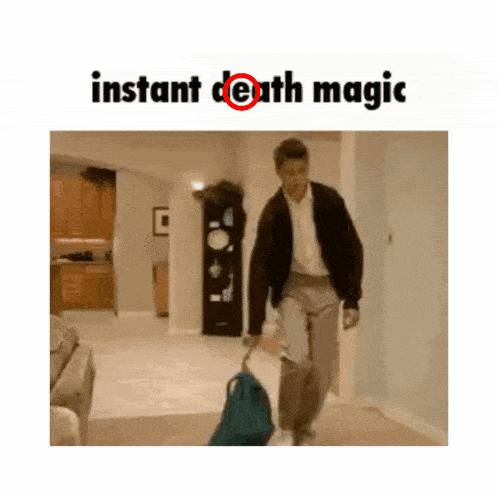 a man is walking down a hallway with a suitcase and the words instant death magic below him