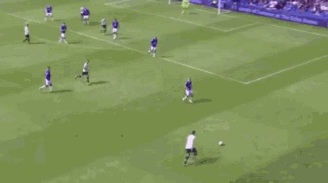 a group of soccer players are playing a game on a field with a crowd watching .