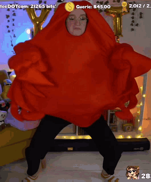 a woman in a red costume with a gueric of $ 48.00