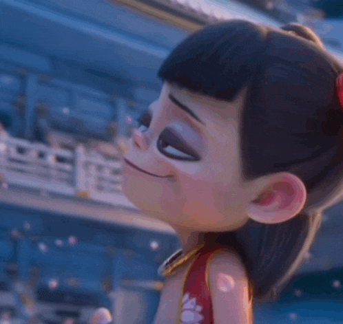 a close up of a cartoon character with a bun on her head