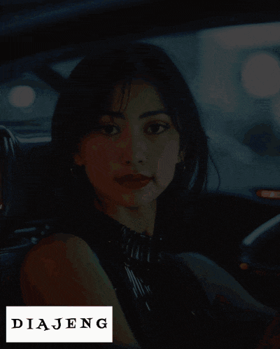 a painting of a woman in a car with the word dia jeng on the bottom