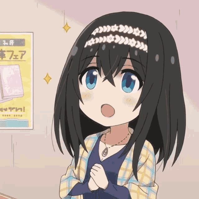 a girl with black hair and blue eyes is standing in front of a sign that says ' i 'm a girl '