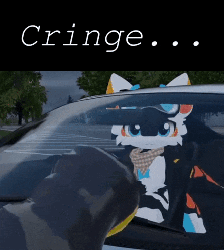 a picture of a furry character in a car with the words " cringe " below it