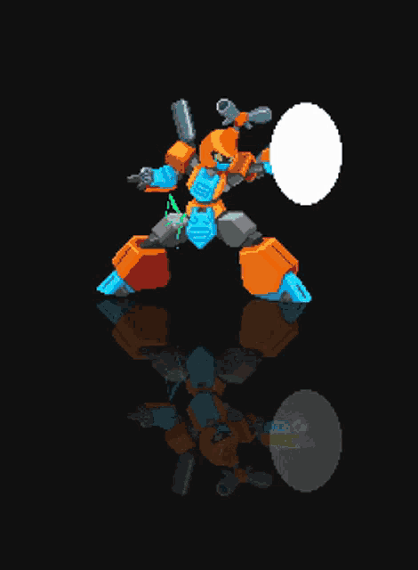 a pixel art of a robot holding a sphere