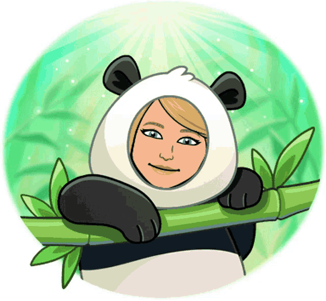 a cartoon of a girl dressed as a panda bear holding a bamboo branch