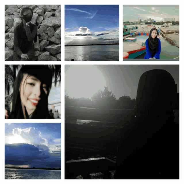 a collage of photos shows a woman wearing a hijab and a boat in the water