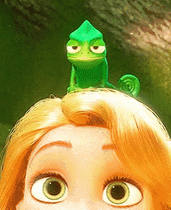 a close up of a cartoon character with a chameleon on her head