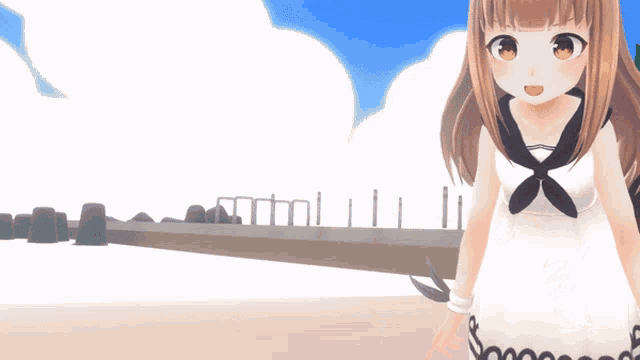 a girl with long brown hair is wearing a white dress and a black sailor collar