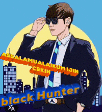 a man in a suit and tie is standing in front of a city and a sign that says black hunter