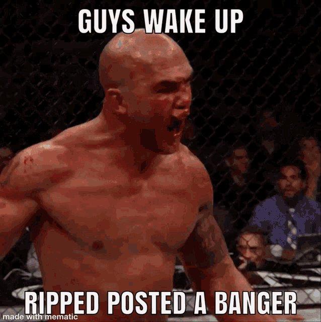 a picture of a man in a boxing ring with the caption guys wake up ripped posted a banger