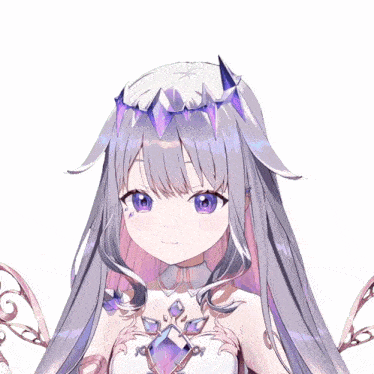 a girl with purple eyes and a crown on her head has a sticker that says ' o ' on it