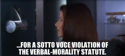 a woman stands in front of a door with the words for a sotto voce violation of the verbal-morality statute below her