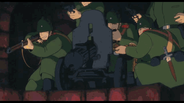 a group of soldiers are firing a cannon and the fire is coming out of it
