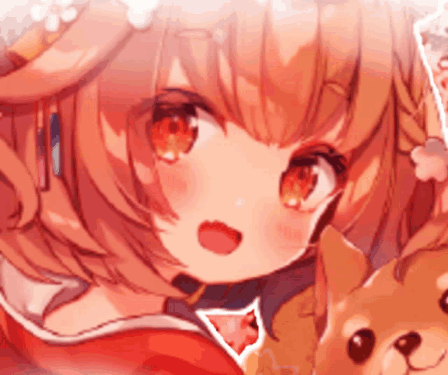 a girl with red hair is holding a small dog