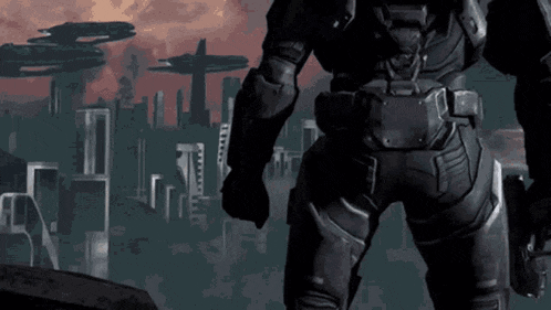 a man in a futuristic suit stands in front of a city
