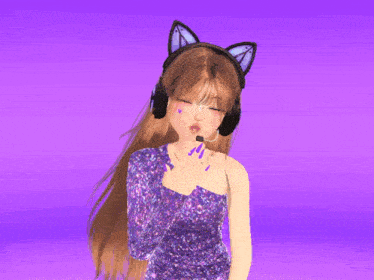 a girl with cat ears and headphones is holding a pink butterfly