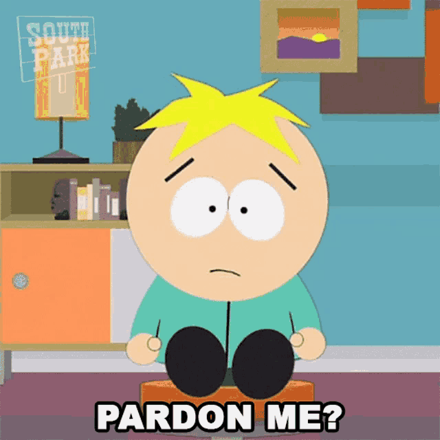 a cartoon character from south park is sitting on a box and asking for forgiveness