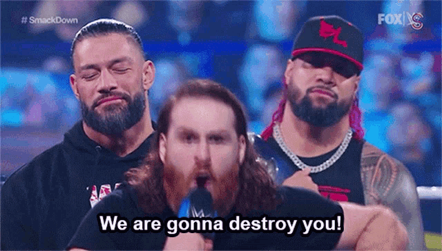 a group of wrestlers are standing next to each other on a stage and one of them is talking into a microphone .