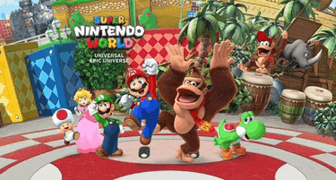 a poster for super nintendo world featuring mario luigi donkey kong princess peach and yoshi