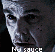 a close up of a man 's face with the words no sauce above it