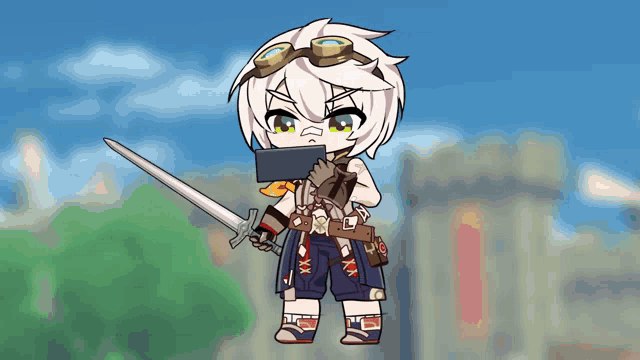 a cartoon character is holding a sword and a cellphone