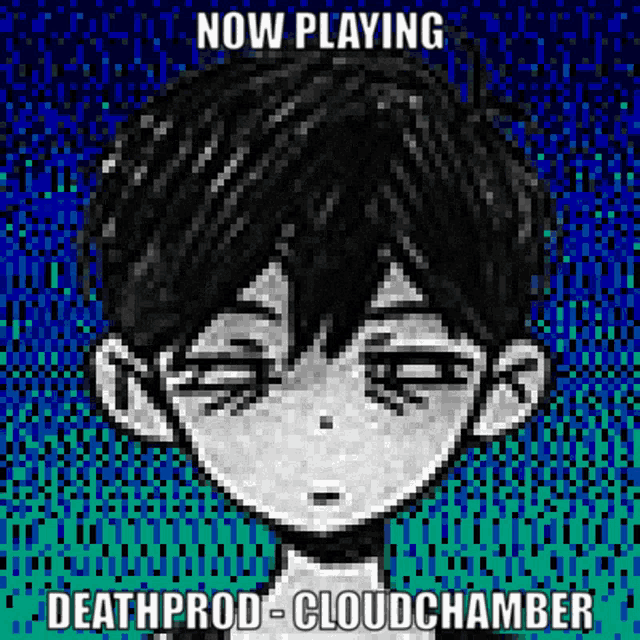 a pixelated image of a boy with the words " now playing death prod cloudchamber " below it