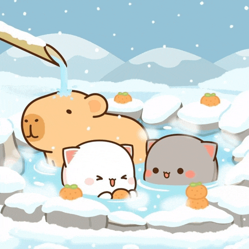 a cartoon of a bear a cat and a dog in a hot tub
